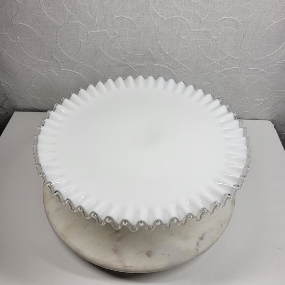 Vtg Fenton Silver Crest Milk Glass Cake Stand 12.75” Ruffled Edge Pedestal Plate - Picture 3 of 16